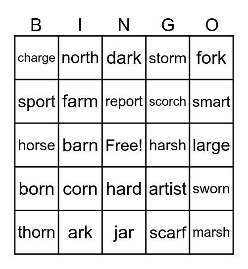 Words with -ar and -or Bingo Card