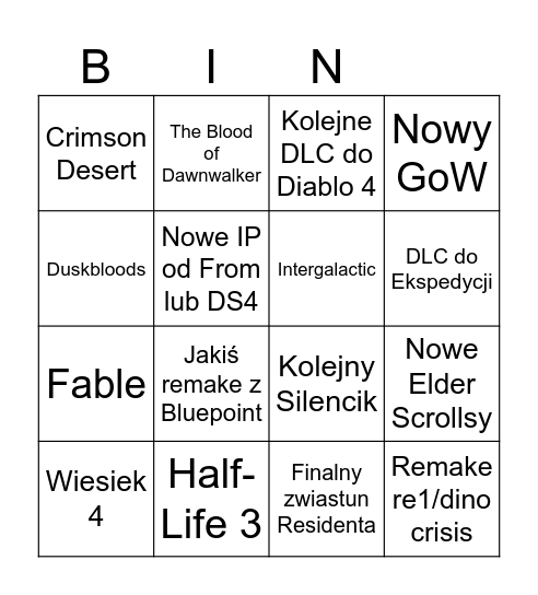 Tga2025 Bingo Card