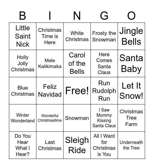 Holiday Songs Bingo Card
