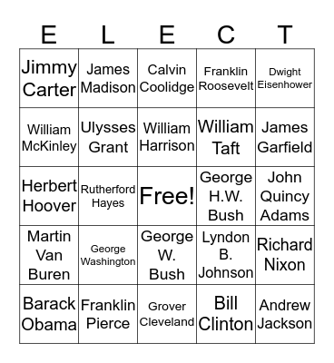 United States Presidents Bingo Card