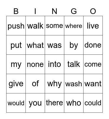 Heart Words Bingo Card