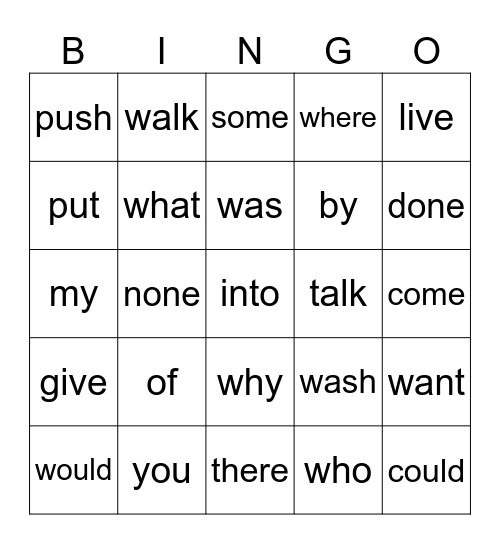 Heart Words Bingo Card