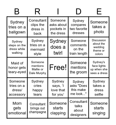 Wedding Dress BINGO Card