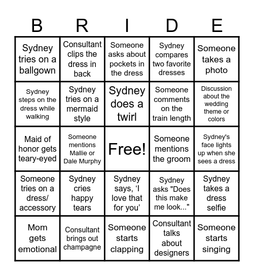 Wedding Dress BINGO Card