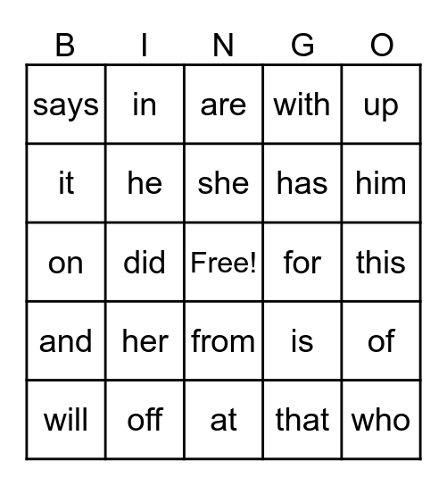 High Frequency Words Set 1 Bingo Card