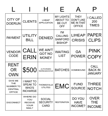 LIHEAP Bingo Card