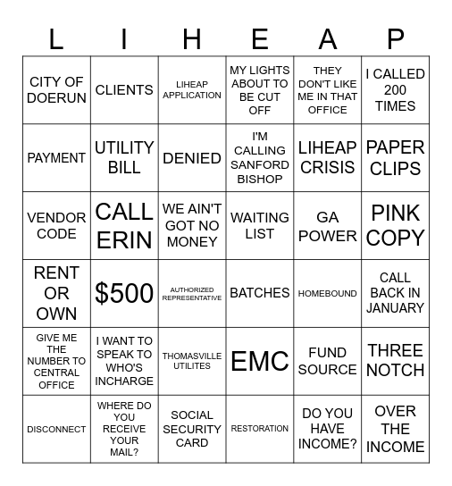 LIHEAP Bingo Card