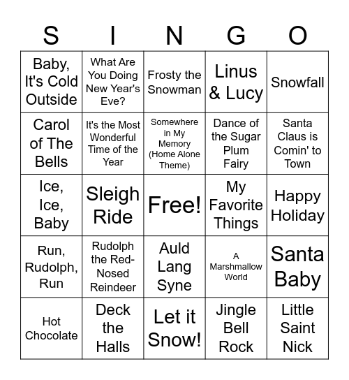 Holiday Singo Bingo Card
