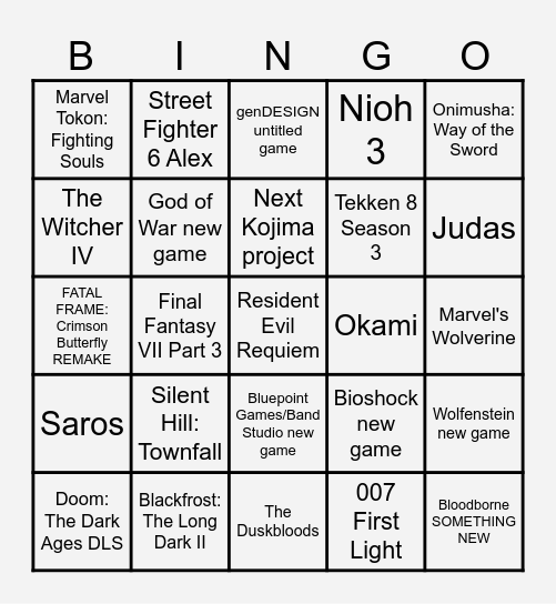 The Game Awards 2025 Bingo Card