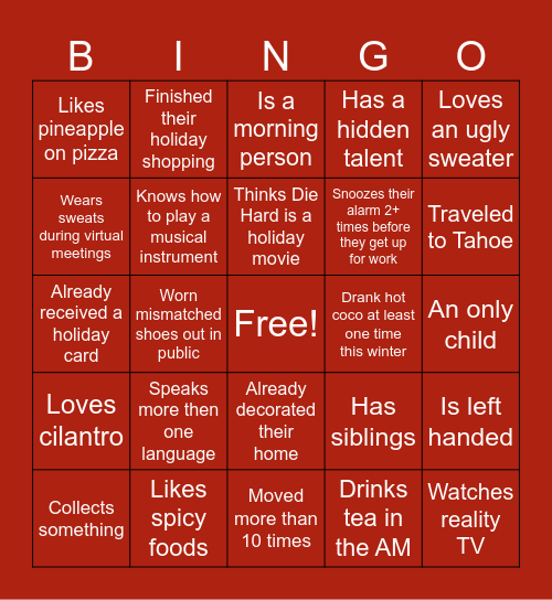 Customer Connection Holiday Party Bingo Card