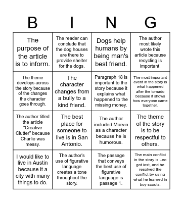 Restate and Answer Bingo Card
