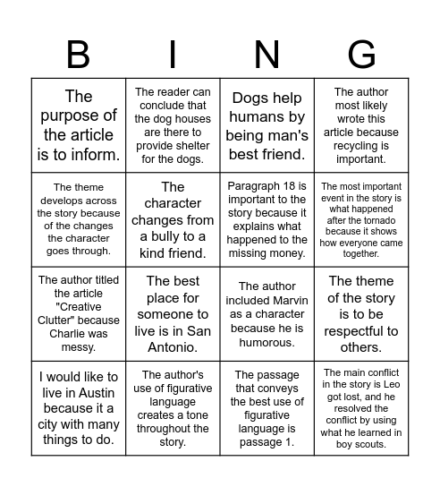 Restate and Answer Bingo Card