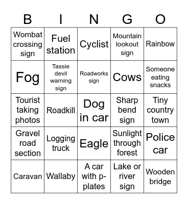 Road Bingo! (Tassie edition) Player 1 Bingo Card