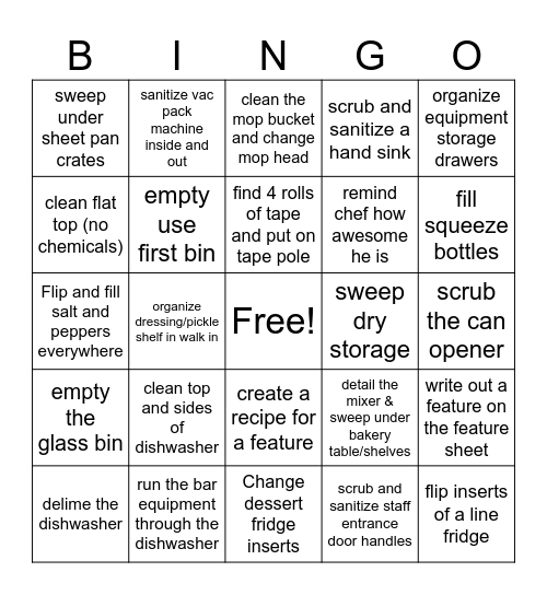 Kitchen Bingo Card