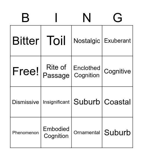 Vocabulary Bingo Card