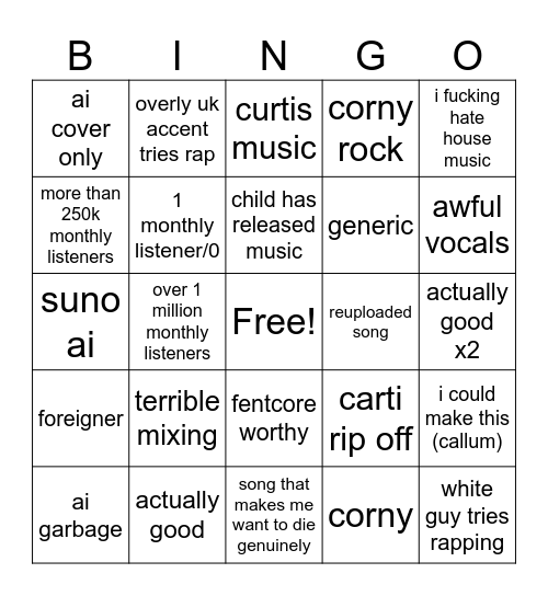 spotify random search bingo Card