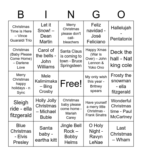 Christmas Carol Bingo Card