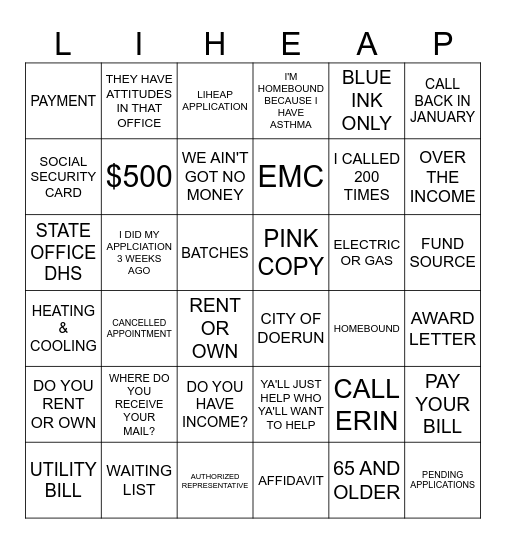 LIHEAP Bingo Card