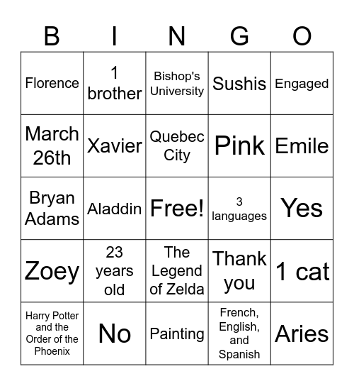Get to know me! Bingo Card