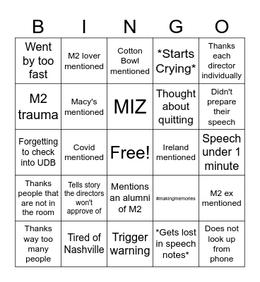 Senior Speeches Bingo Card