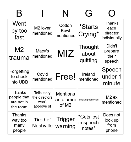 Senior Speeches Bingo Card