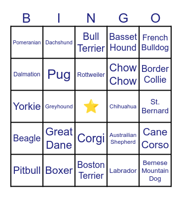Dog Breed Bingo Card