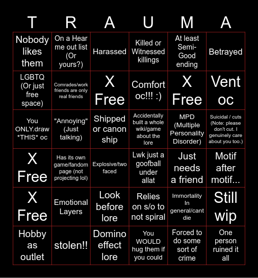 Oc trauma bingo! Bingo Card
