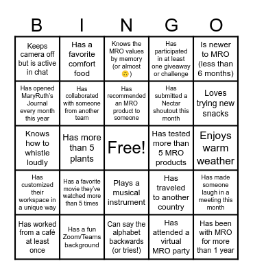 Human Bingo at MRO Bingo Card