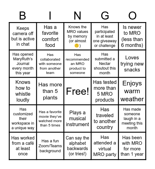 Human Bingo at MRO Bingo Card