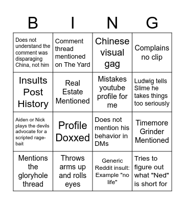 The Yard Bing Bingo Card