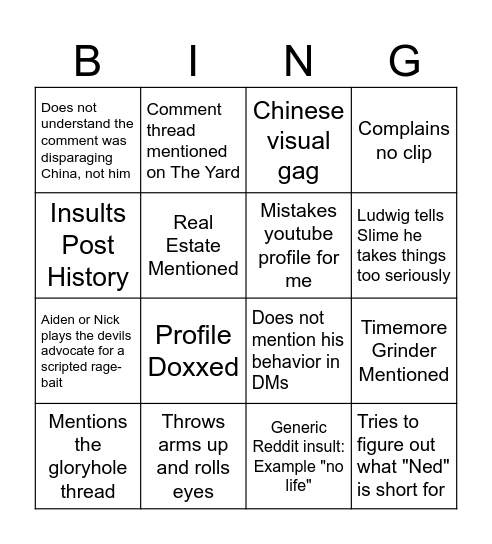 The Yard Bing Bingo Card