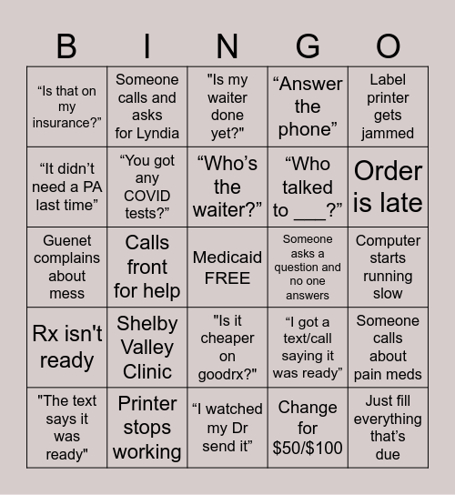 Walgreens Bingo Card