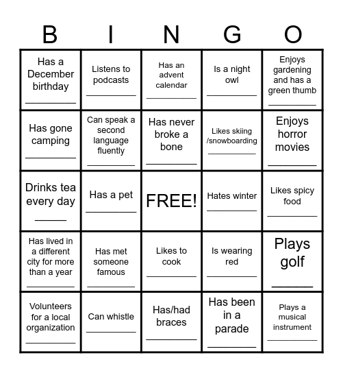 Ice Ice Breaker Bingo Card