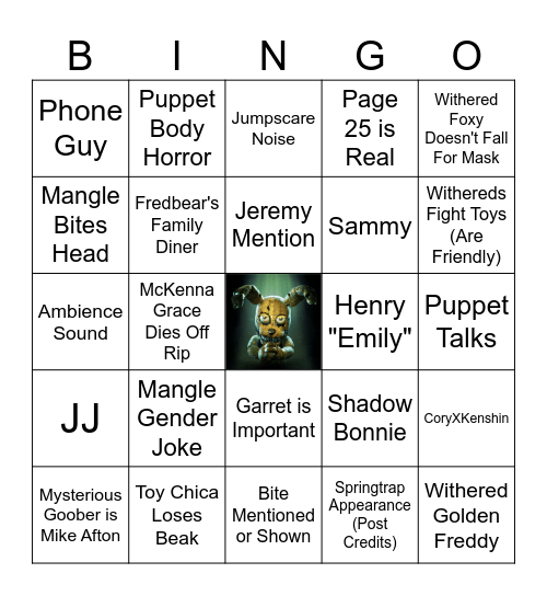 fnaf bingo Card