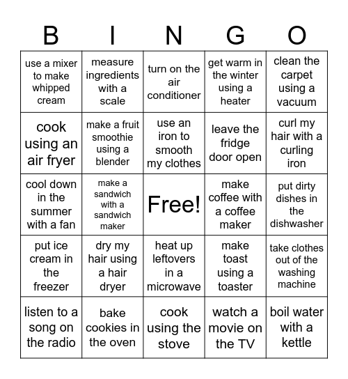 Unit 3: At Home Bingo Card