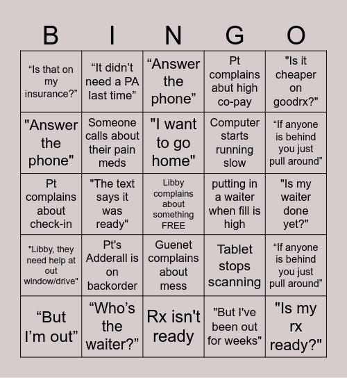 Walgreens Bingo Card