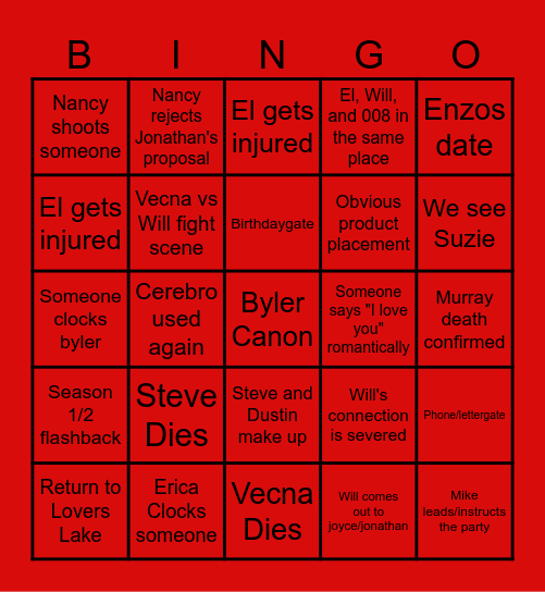 Stranger Things 5 Bingo Card