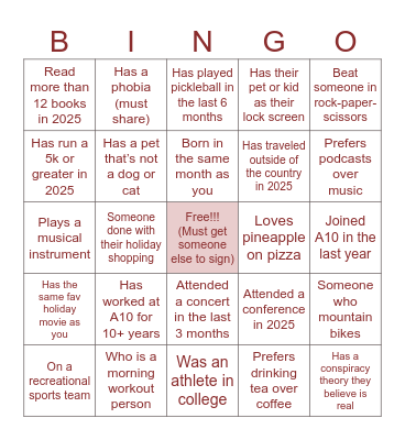 A10 Mingle Bingo Card