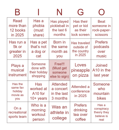 A10 Mingle Bingo Card