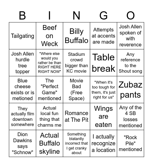 Bills Hallmark Bingo Card