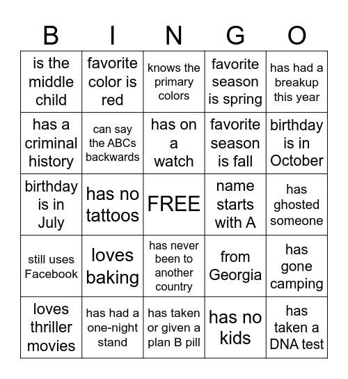 Get to Know You Bingo Card