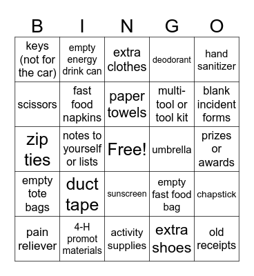 4-H Educator's Car BINGO Card