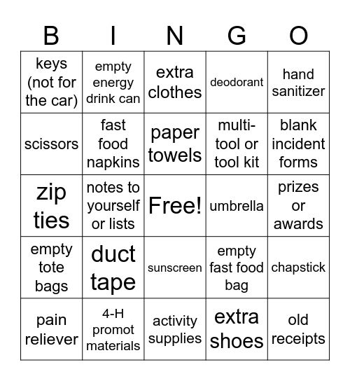 4-H Educator's Car BINGO Card