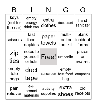 4-H Educator's Car BINGO Card