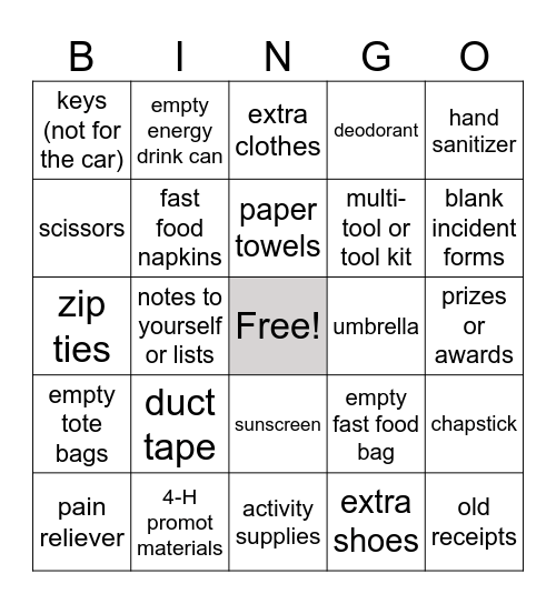 4-H Educator's Car BINGO Card