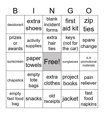 4-H Educator Car BINGO Card