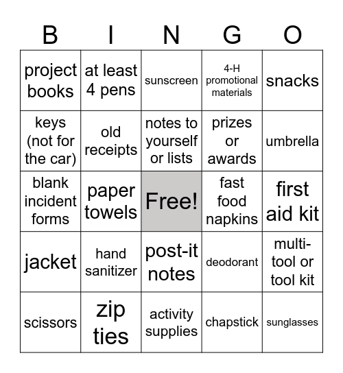 4-H Educator Car BINGO Card