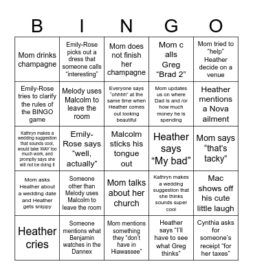 Heather’s Wedding Dress Shopping Bingo Card
