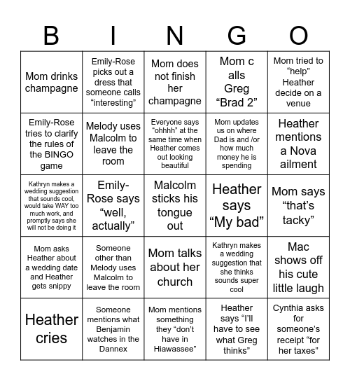 Heather’s Wedding Dress Shopping Bingo Card