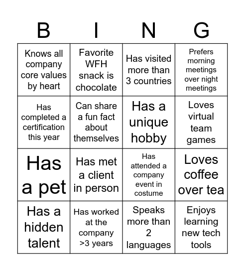 Get to Know Your Team Bingo Card